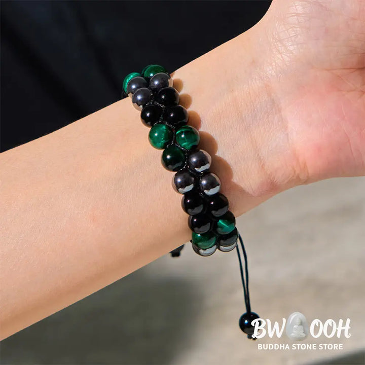Buddha Stones Natural Green Tiger Eye Black Magnetite Black Obsidian Double Row Beads Positive Bracelet - BWOOOH