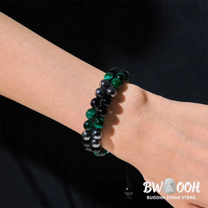 Buddha Stones Natural Green Tiger Eye Black Magnetite Black Obsidian Double Row Beads Positive Bracelet - BWOOOH
