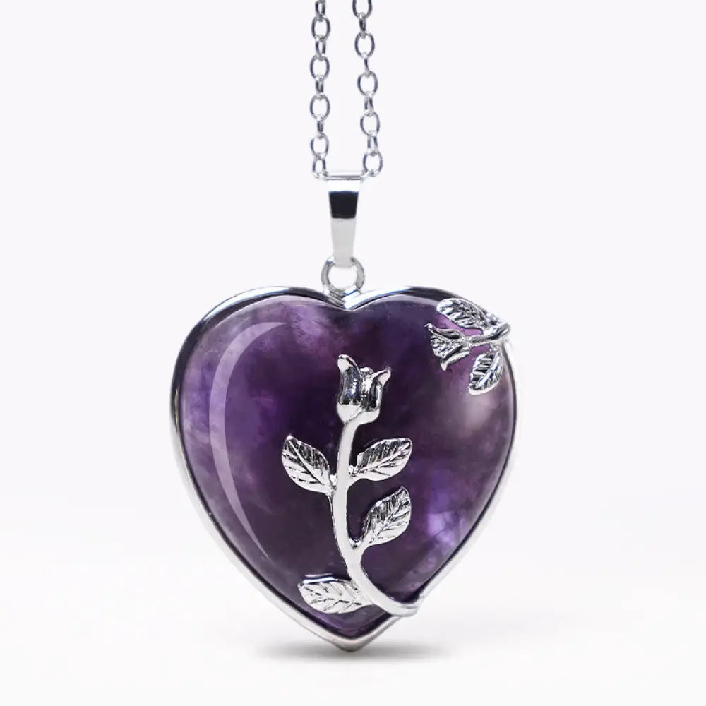 BWOOOH Natural Healing Crystals Heart Pendant Necklace, showcasing polished Amethyst, Pink Crystal, Australian Opal, and Clear Quartz. Handcrafted 1.3x1.4 inch heart for spiritual balance, meditation, and stress relief. - View 2