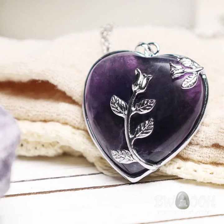 BWOOOH Natural Healing Crystals Heart Pendant Necklace, showcasing polished Amethyst, Pink Crystal, Australian Opal, and Clear Quartz. Handcrafted 1.3x1.4 inch heart for spiritual balance, meditation, and stress relief. - View 3