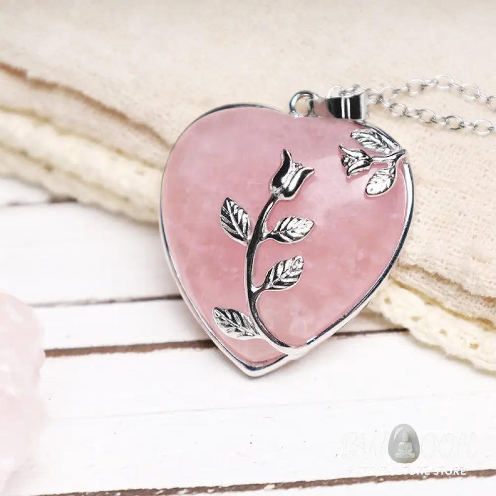 BWOOOH Natural Healing Crystals Heart Pendant Necklace, showcasing polished Amethyst, Pink Crystal, Australian Opal, and Clear Quartz. Handcrafted 1.3x1.4 inch heart for spiritual balance, meditation, and stress relief. - View 6