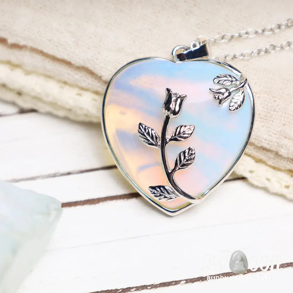 BWOOOH Natural Healing Crystals Heart Pendant Necklace, showcasing polished Amethyst, Pink Crystal, Australian Opal, and Clear Quartz. Handcrafted 1.3x1.4 inch heart for spiritual balance, meditation, and stress relief. - View 9