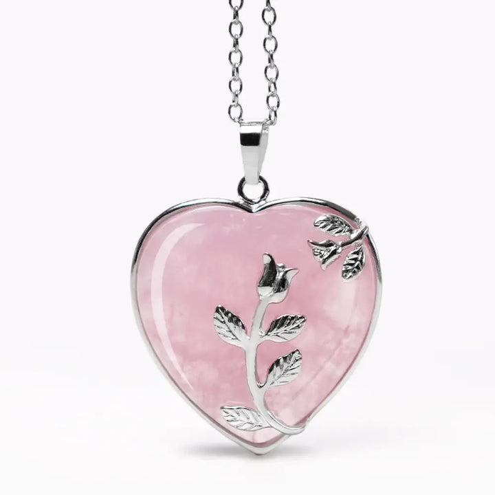 BWOOOH Natural Healing Crystals Heart Pendant Necklace, showcasing polished Amethyst, Pink Crystal, Australian Opal, and Clear Quartz. Handcrafted 1.3x1.4 inch heart for spiritual balance, meditation, and stress relief. - View 5