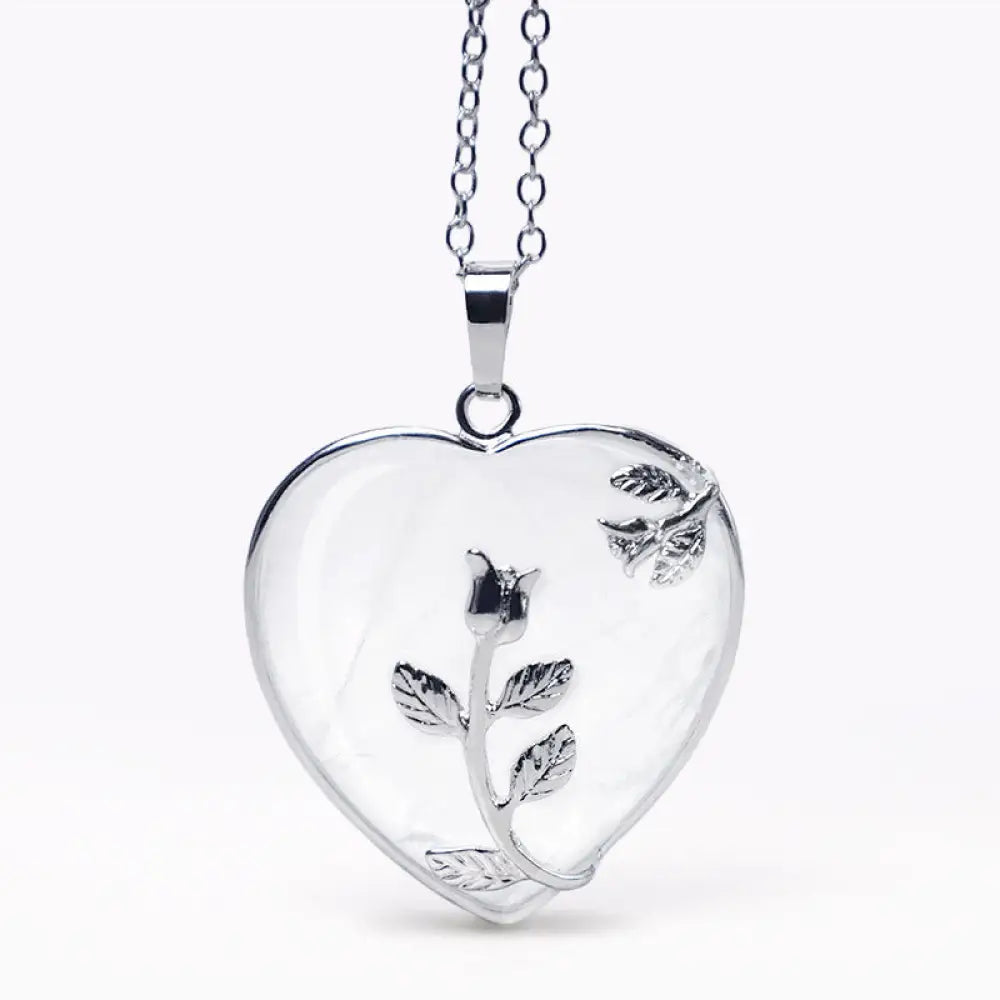 BWOOOH Natural Healing Crystals Heart Pendant Necklace, showcasing polished Amethyst, Pink Crystal, Australian Opal, and Clear Quartz. Handcrafted 1.3x1.4 inch heart for spiritual balance, meditation, and stress relief. - View 14