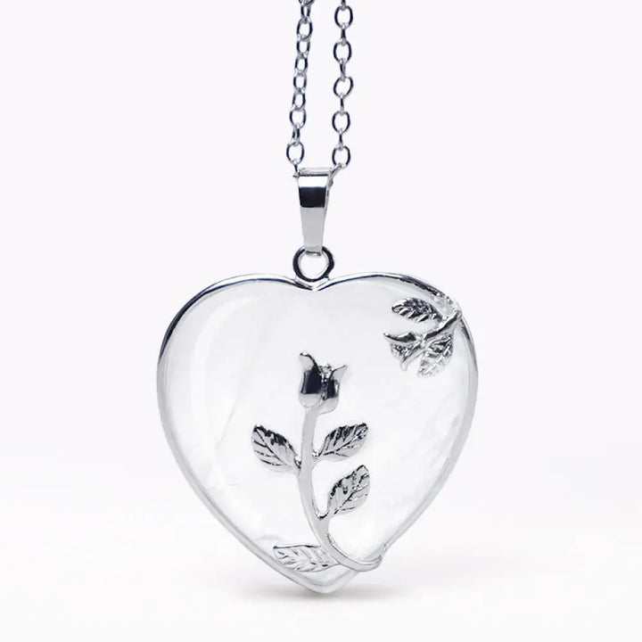 BWOOOH Natural Healing Crystals Heart Pendant Necklace, showcasing polished Amethyst, Pink Crystal, Australian Opal, and Clear Quartz. Handcrafted 1.3x1.4 inch heart for spiritual balance, meditation, and stress relief. - View 14