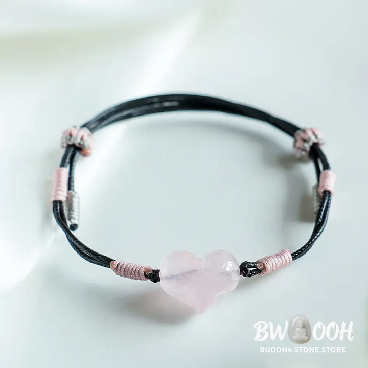 Buddha Stones Natural Heart Charm Pink Crystal Braided String Warmth Bracelet - Pink Crystal(Wrist Circumference: