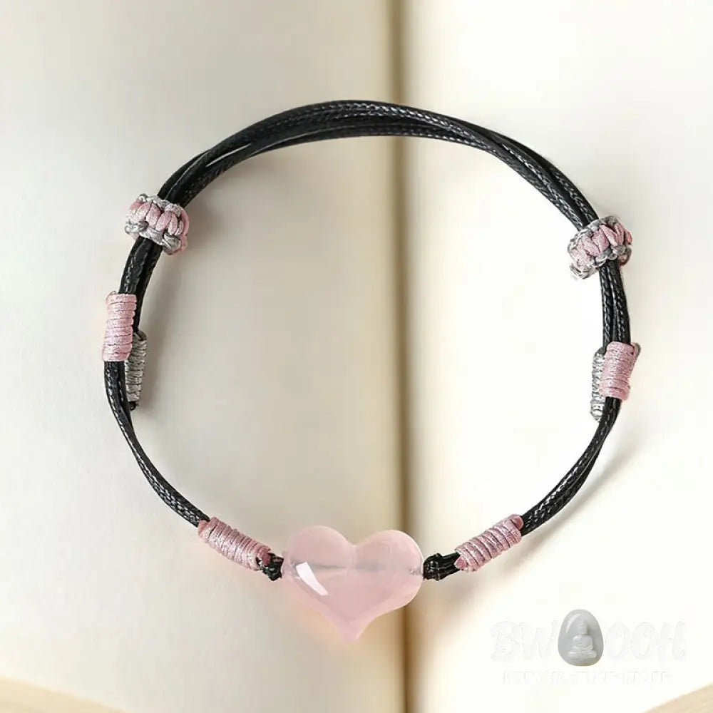 Buddha Stones Natural Heart Charm Pink Crystal Braided String Warmth Bracelet - Pink Crystal(Wrist Circumference: