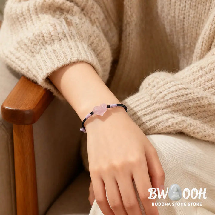 Buddha Stones Natural Heart Charm Pink Crystal Braided String Warmth Bracelet - Pink Crystal(Wrist Circumference: