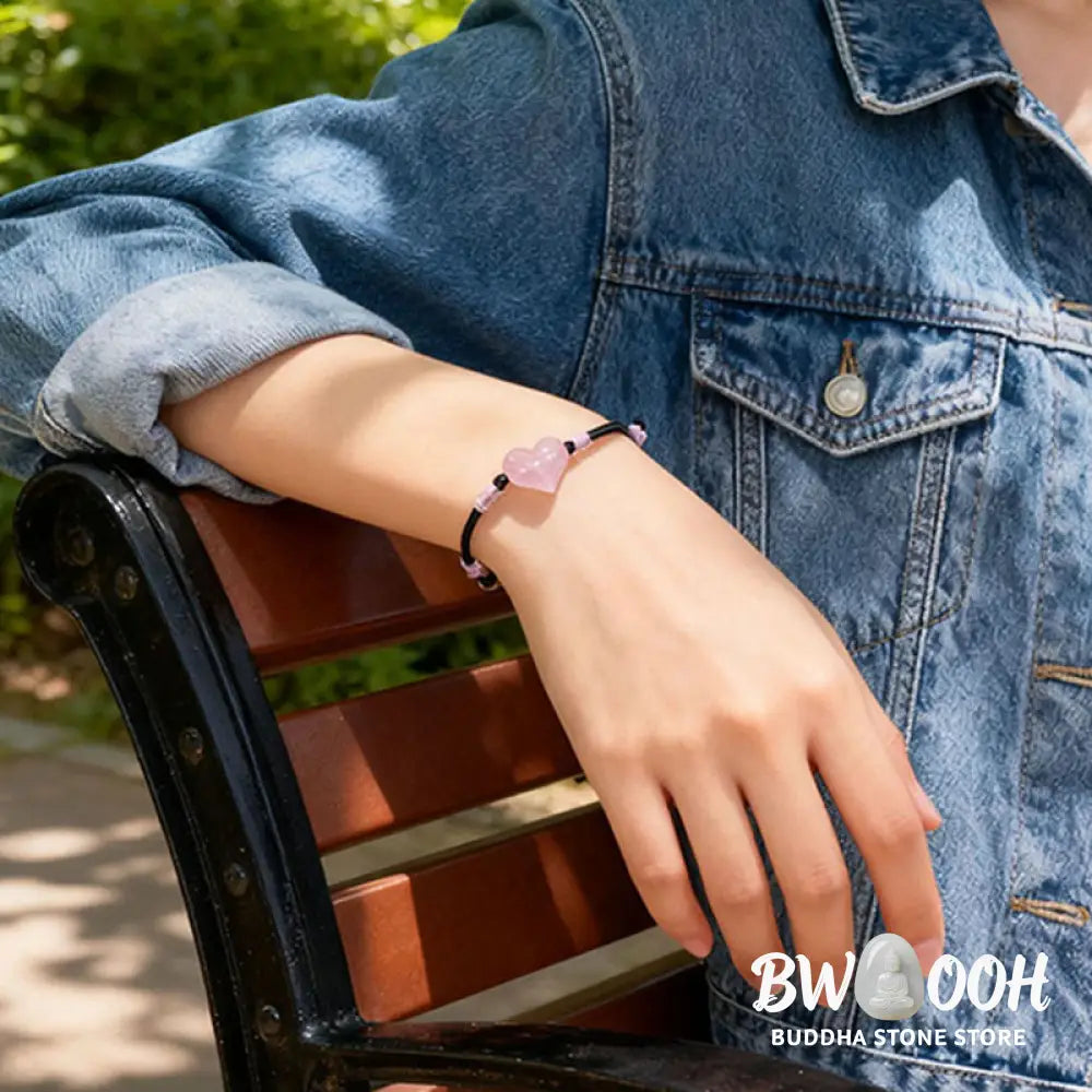 Buddha Stones Natural Heart Charm Pink Crystal Braided String Warmth Bracelet - Pink Crystal(Wrist Circumference: