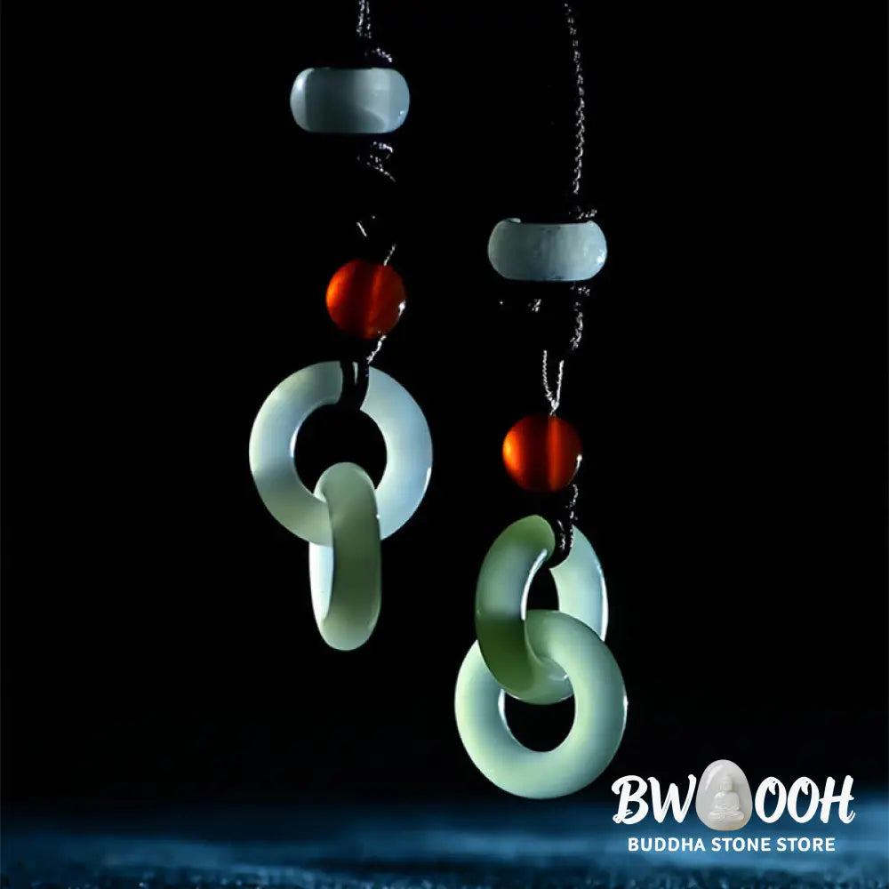 Buddha Stones Natural Hetian Cyan Jade White Jade Double Peace Buckle Success Necklace Pendant - BWOOOH - Necklaces &amp;