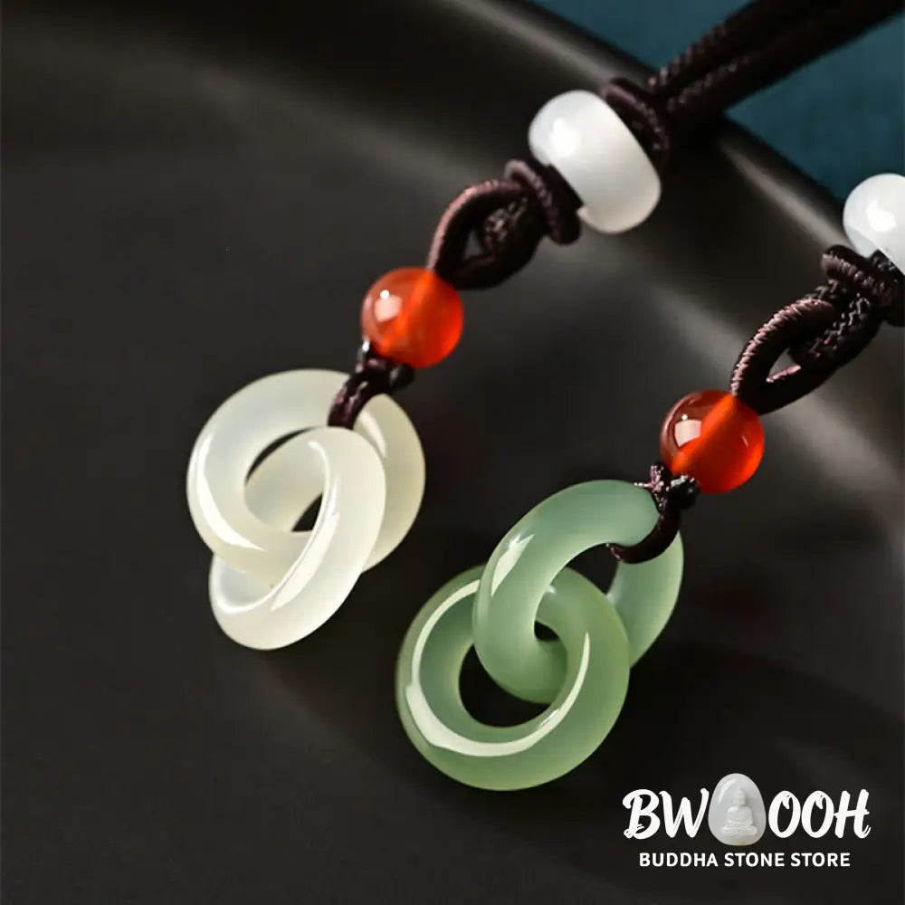 Buddha Stones Natural Hetian Cyan Jade White Jade Double Peace Buckle Success Necklace Pendant - BWOOOH - Necklaces &amp;
