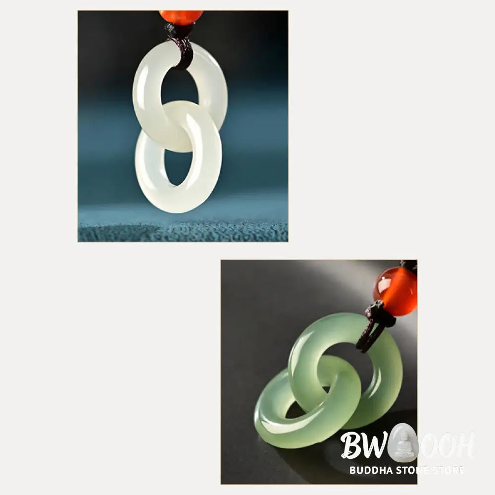 Buddha Stones Natural Hetian Cyan Jade White Jade Double Peace Buckle Success Necklace Pendant - BWOOOH - Necklaces &amp;