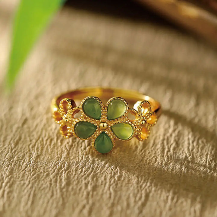 BWOOOH Natural Hetian Jade 925 Sterling Silver Plated Gold Flower Adjustable Prosperity Ring — Jade jade bracelet for spir...