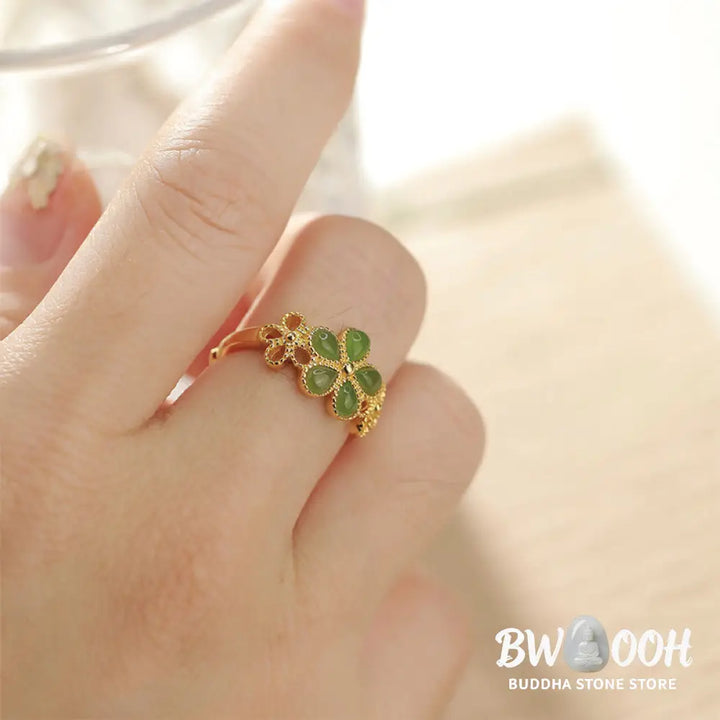 Buddha Stones Natural Hetian Jade 925 Sterling Silver Plated Gold Flower Adjustable Prosperity Ring - Hetian Jade - Ring