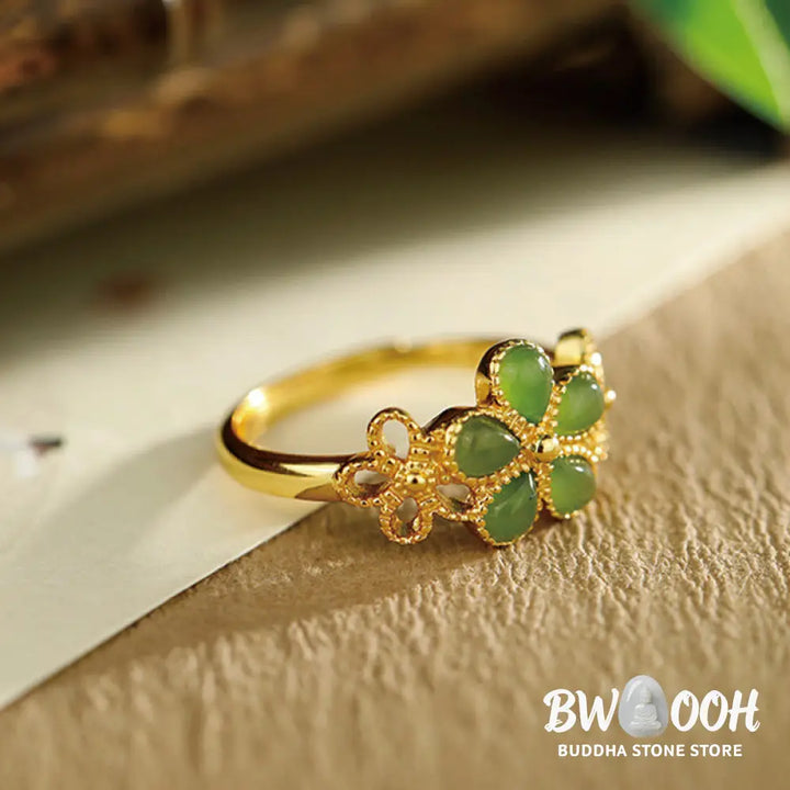 Buddha Stones Natural Hetian Jade 925 Sterling Silver Plated Gold Flower Adjustable Prosperity Ring - Hetian Jade - Ring