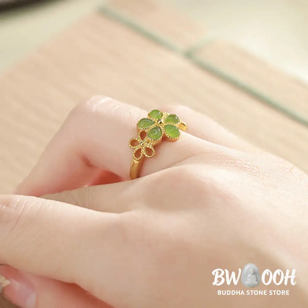 Buddha Stones Natural Hetian Jade 925 Sterling Silver Plated Gold Flower Adjustable Prosperity Ring - Hetian Jade - Ring