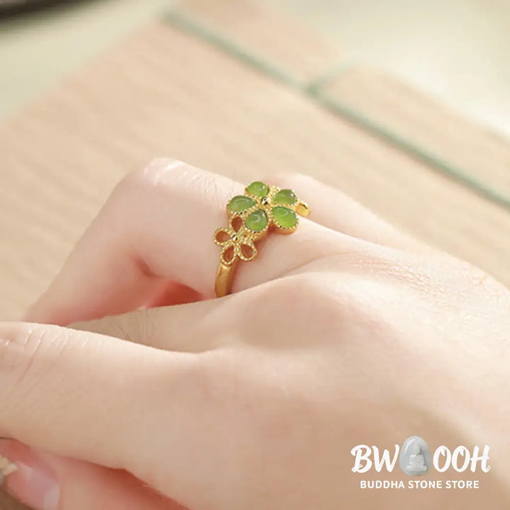 Buddha Stones Natural Hetian Jade 925 Sterling Silver Plated Gold Flower Adjustable Prosperity Ring - Hetian Jade - Ring