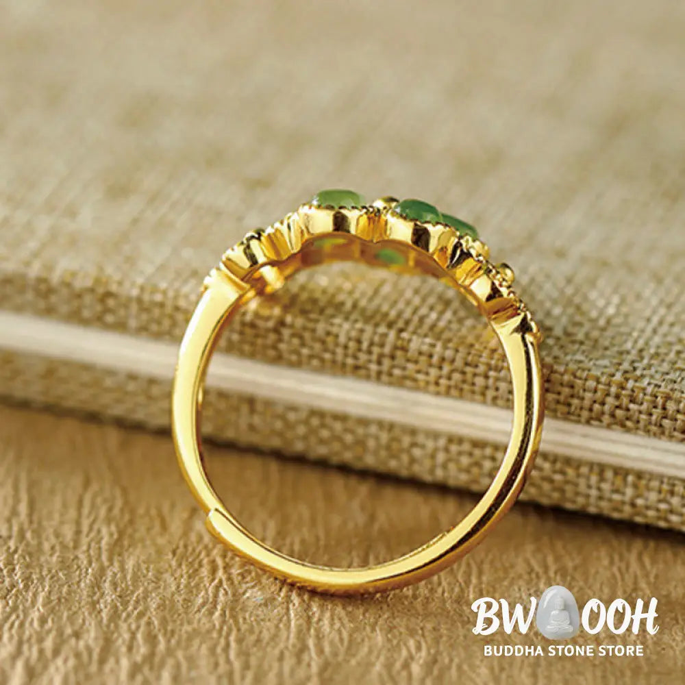 Buddha Stones Natural Hetian Jade 925 Sterling Silver Plated Gold Flower Adjustable Prosperity Ring - Hetian Jade - Ring