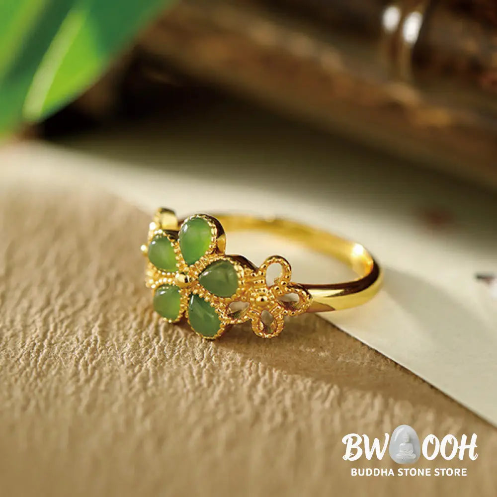 Buddha Stones Natural Hetian Jade 925 Sterling Silver Plated Gold Flower Adjustable Prosperity Ring - Hetian Jade - Ring