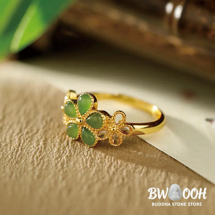 Buddha Stones Natural Hetian Jade 925 Sterling Silver Plated Gold Flower Adjustable Prosperity Ring - Hetian Jade - Ring