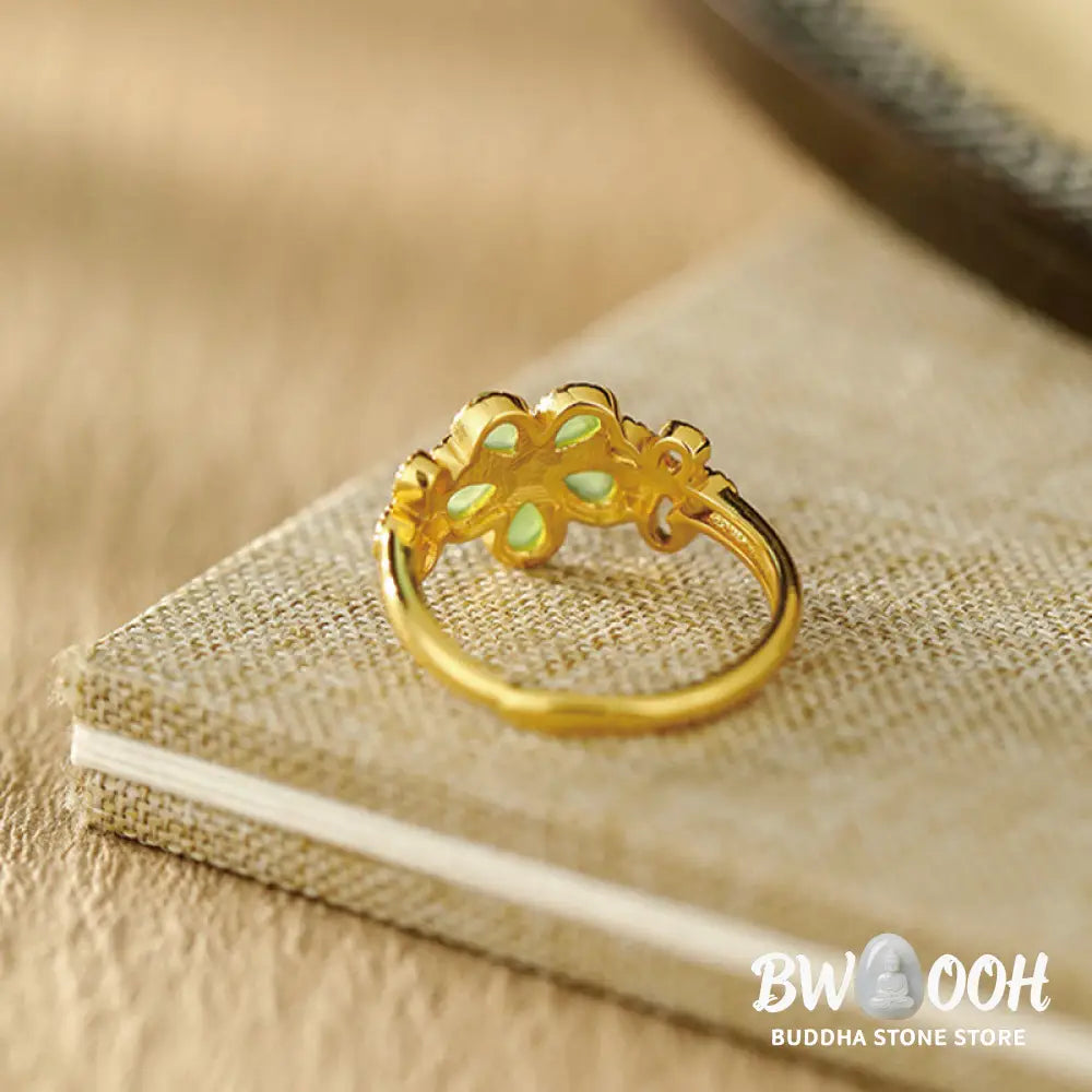 Buddha Stones Natural Hetian Jade 925 Sterling Silver Plated Gold Flower Adjustable Prosperity Ring - Hetian Jade - Ring