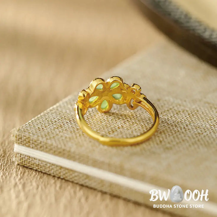 Buddha Stones Natural Hetian Jade 925 Sterling Silver Plated Gold Flower Adjustable Prosperity Ring - Hetian Jade - Ring
