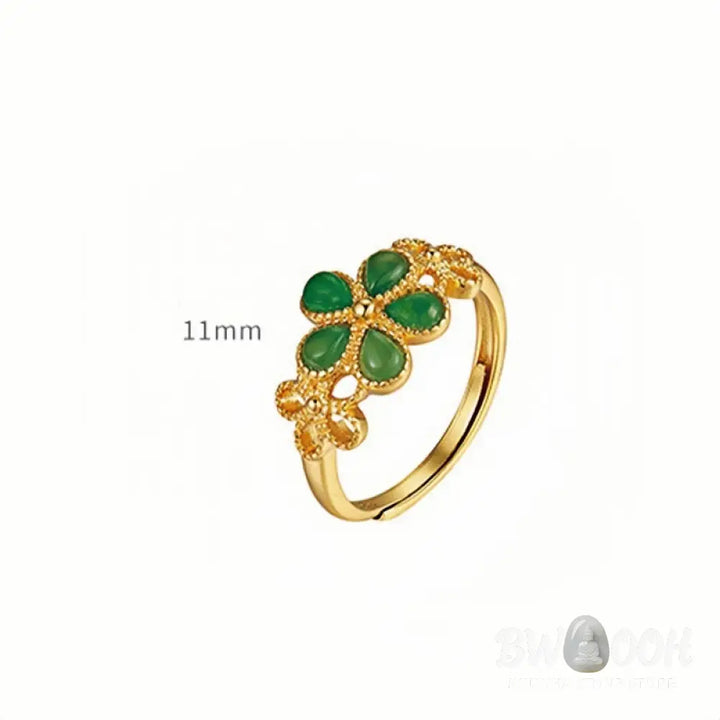 Buddha Stones Natural Hetian Jade 925 Sterling Silver Plated Gold Flower Adjustable Prosperity Ring - Hetian Jade - Ring