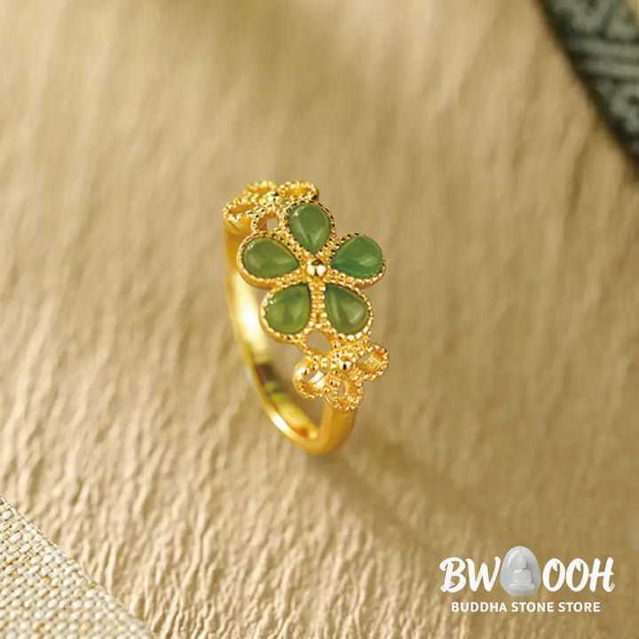 Buddha Stones Natural Hetian Jade 925 Sterling Silver Plated Gold Flower Adjustable Prosperity Ring - Hetian Jade - Ring