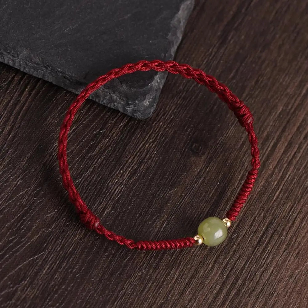 Buddha Stones Natural Hetian Jade 999 Gold Beads Protection Luck Braided Bracelet Anklet - BWOOOH - Dark Red Rope