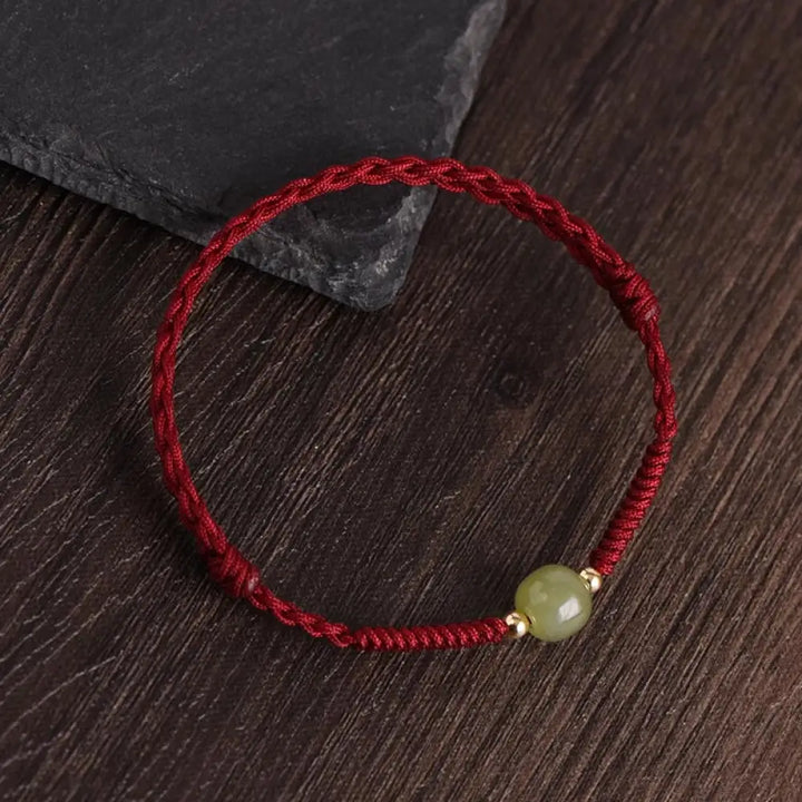Buddha Stones Natural Hetian Jade 999 Gold Beads Protection Luck Braided Bracelet Anklet - BWOOOH - Dark Red Rope