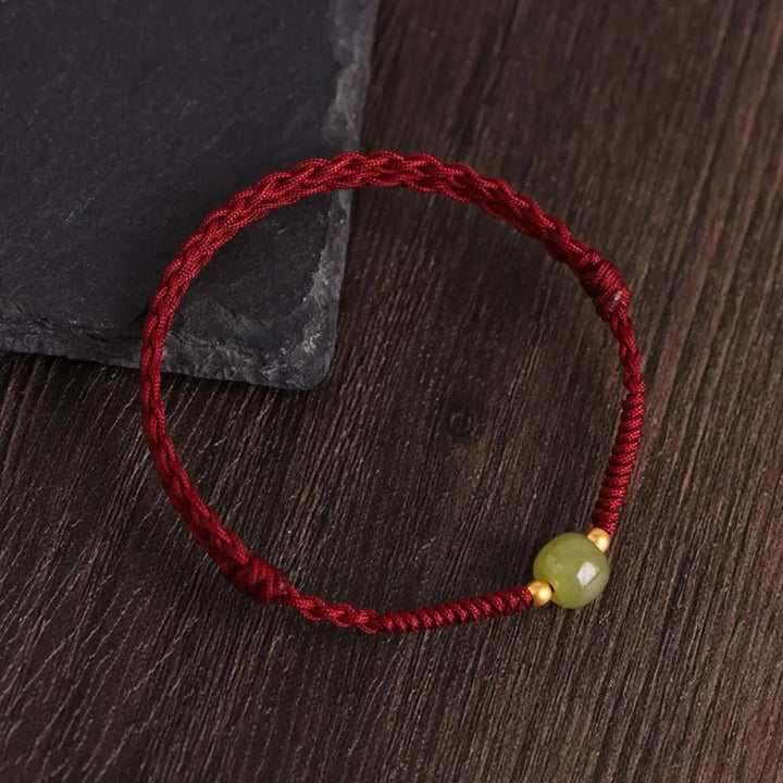 Buddha Stones Natural Hetian Jade 999 Gold Beads Protection Luck Braided Bracelet Anklet - BWOOOH - Dark Red Rope