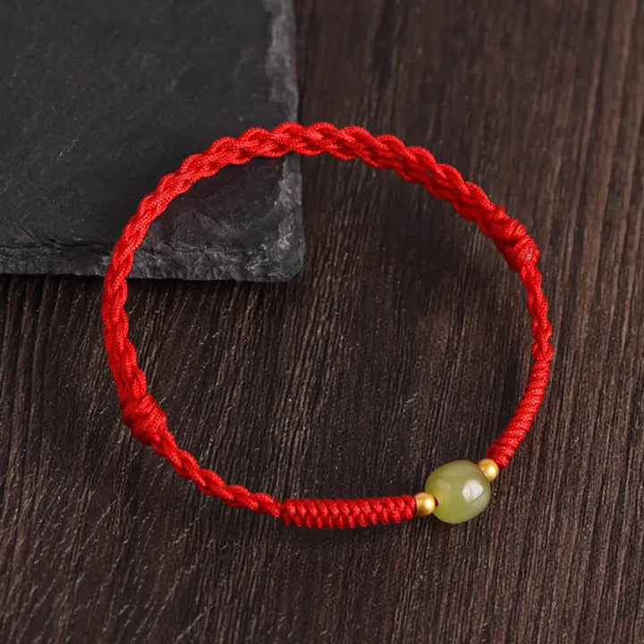 Buddha Stones Natural Hetian Jade 999 Gold Beads Protection Luck Braided Bracelet Anklet - BWOOOH - Red Rope / Hetian