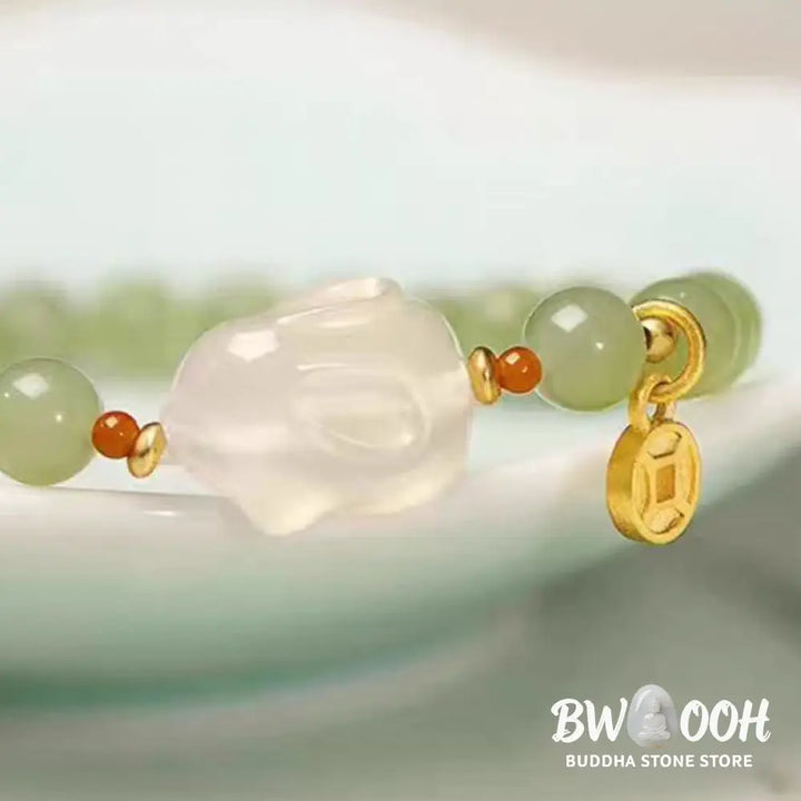 Buddha Stones Natural Hetian Jade Agate Rabbit Copper Coin Luck Bracelet - BWOOOH - 6mm Hetian Jade(Wrist Circumference