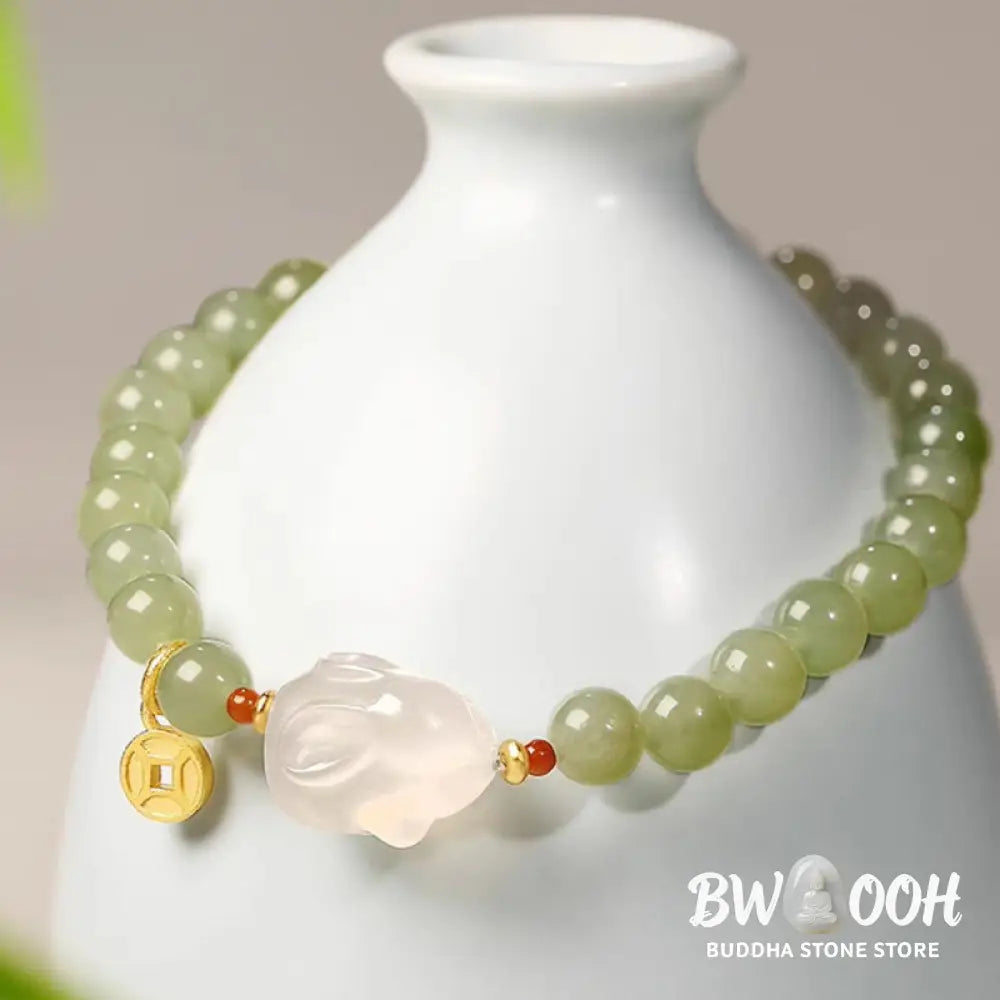 Buddha Stones Natural Hetian Jade Agate Rabbit Copper Coin Luck Bracelet - BWOOOH - 6mm Hetian Jade(Wrist Circumference