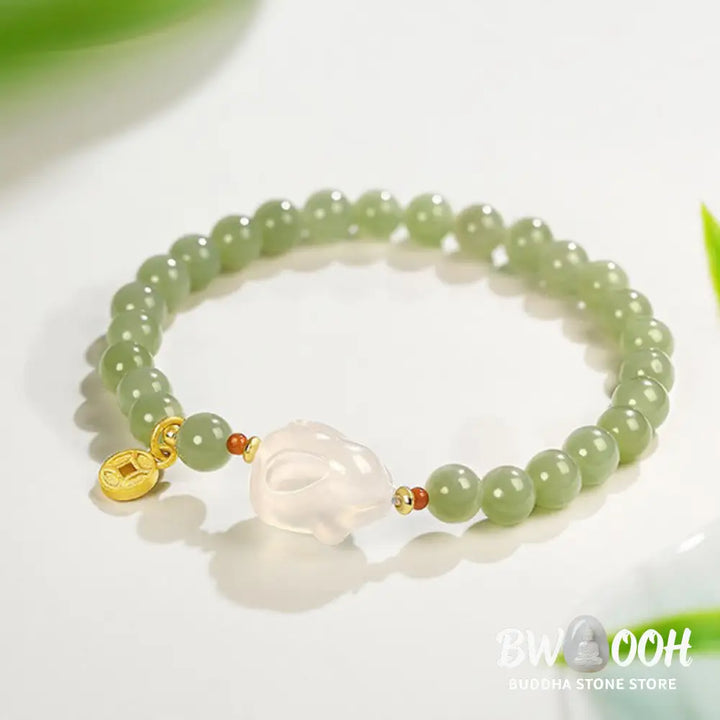 Buddha Stones Natural Hetian Jade Agate Rabbit Copper Coin Luck Bracelet - BWOOOH - 6mm Hetian Jade(Wrist Circumference