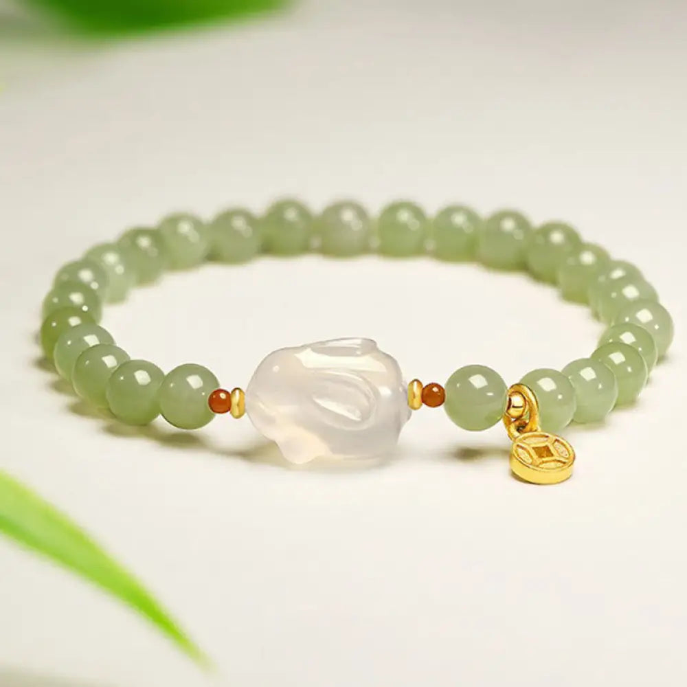 BWOOOH Natural Hetian Jade Agate Rabbit Copper Coin Luck Bracelet — Jade spiritual jewelry for spiritual healing and mindf...