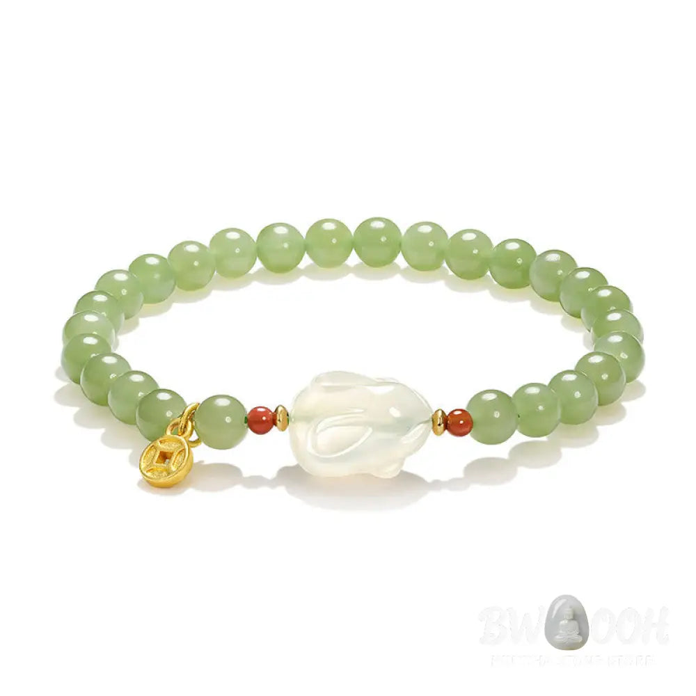 Buddha Stones Natural Hetian Jade Agate Rabbit Copper Coin Luck Bracelet - BWOOOH - 6mm Hetian Jade(Wrist Circumference