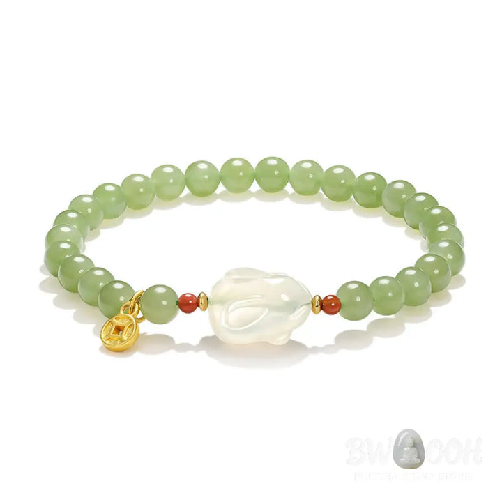 Buddha Stones Natural Hetian Jade Agate Rabbit Copper Coin Luck Bracelet - BWOOOH - 6mm Hetian Jade(Wrist Circumference