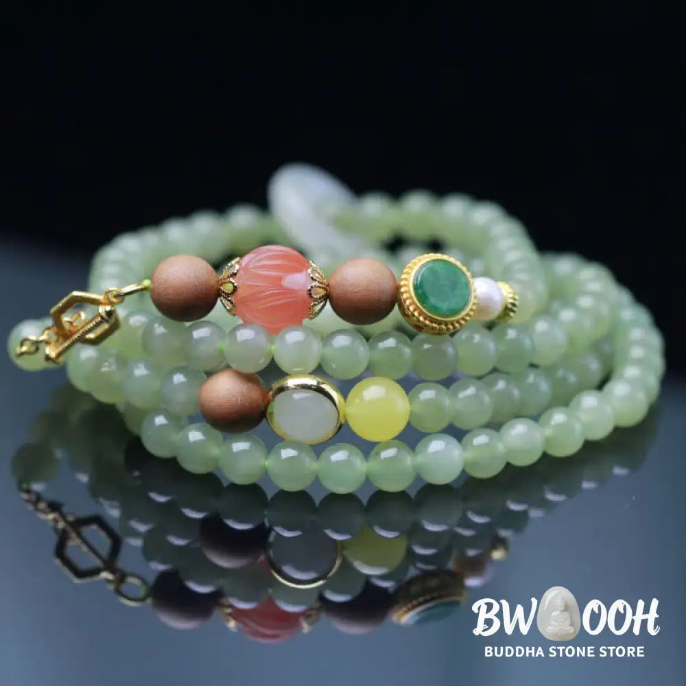 Buddha Stones Natural Hetian Jade Amber Lotus Red Agate Luck Abundance Bracelet - BWOOOH - Hetian Jade (Protection ♥