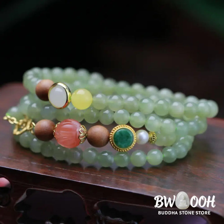 Buddha Stones Natural Hetian Jade Amber Lotus Red Agate Luck Abundance Bracelet - BWOOOH - Hetian Jade (Protection ♥