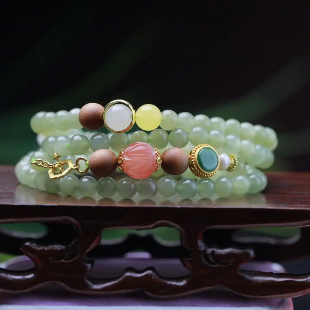 BWOOOH Natural Hetian Jade Amber Lotus Red Agate Luck Abundance Bracelet - BWOOOH - Hetian Jade (Protection ♥