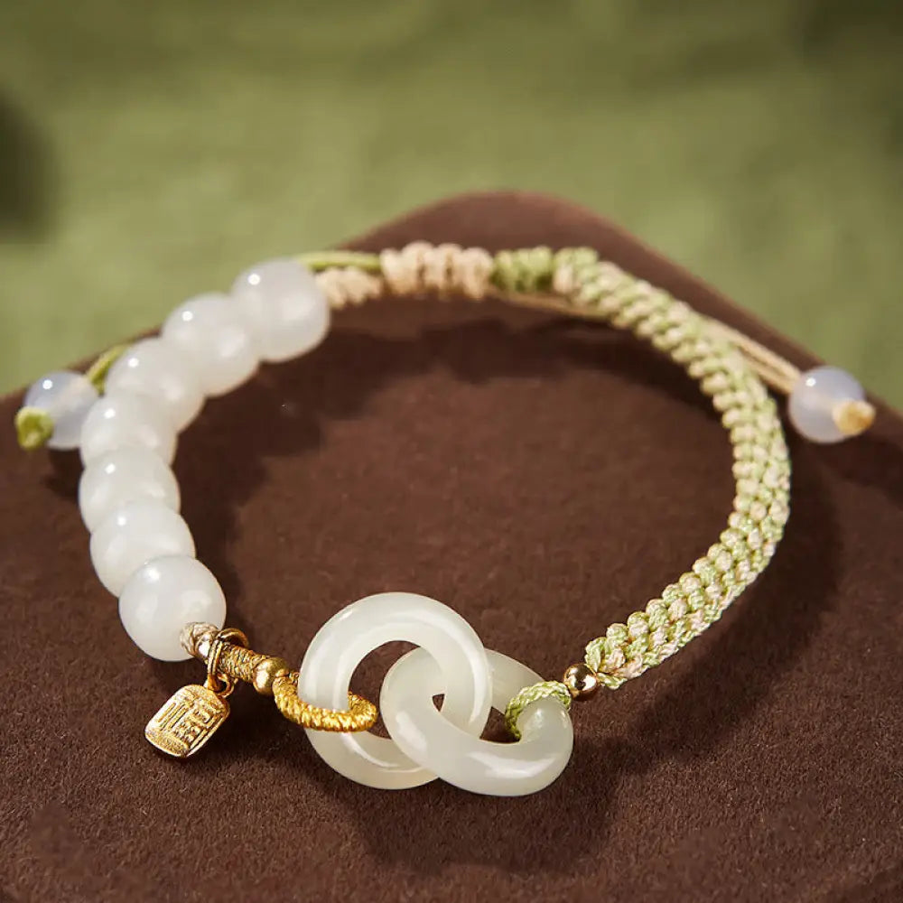 BWOOOH Natural Hetian Jade Bead Double Peace Buckle Fu Character Abundance Braided Bracelet - BWOOOH - 12m