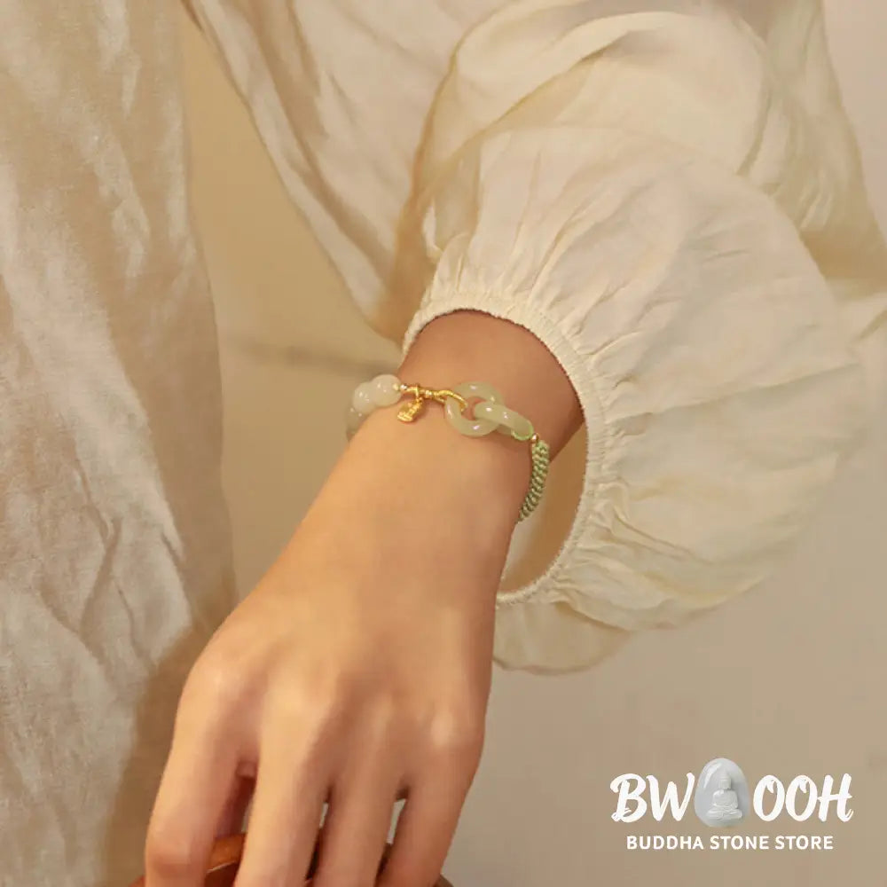 Buddha Stones Natural Hetian Jade Bead Double Peace Buckle Fu Character Abundance Braided Bracelet - BWOOOH - Bracelet