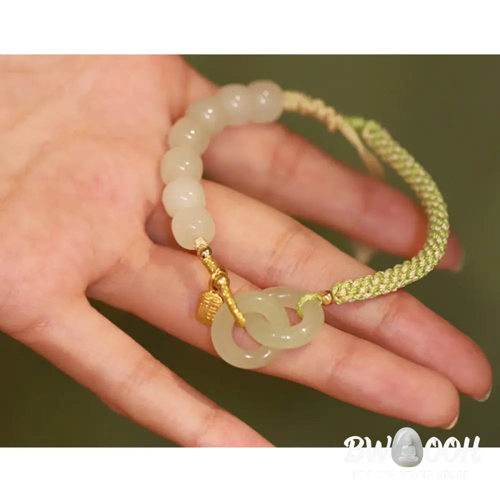 Buddha Stones Natural Hetian Jade Bead Double Peace Buckle Fu Character Abundance Braided Bracelet - BWOOOH - Bracelet