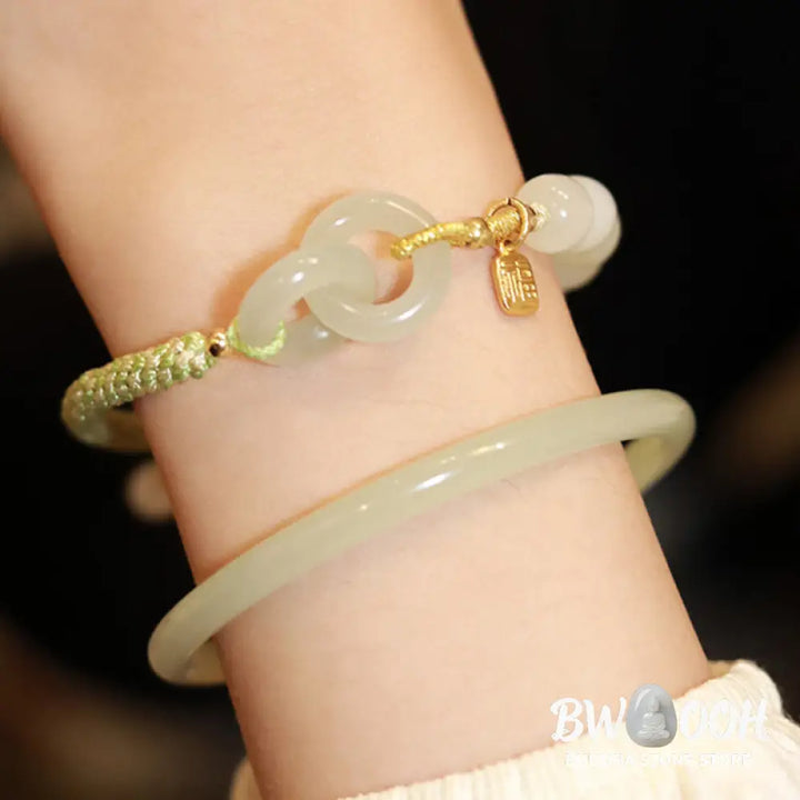 Buddha Stones Natural Hetian Jade Bead Double Peace Buckle Fu Character Abundance Braided Bracelet - BWOOOH - Bracelet