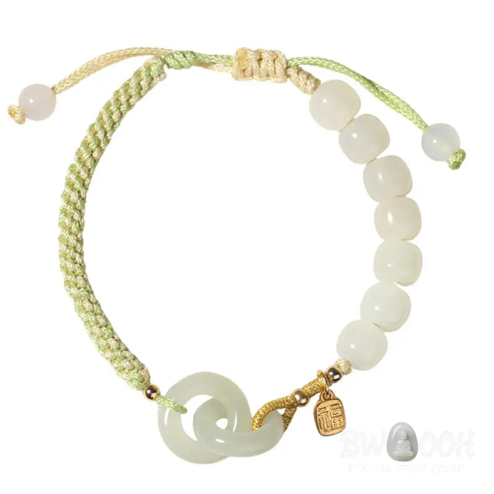 Buddha Stones Natural Hetian Jade Bead Double Peace Buckle Fu Character Abundance Braided Bracelet - BWOOOH - Bracelet