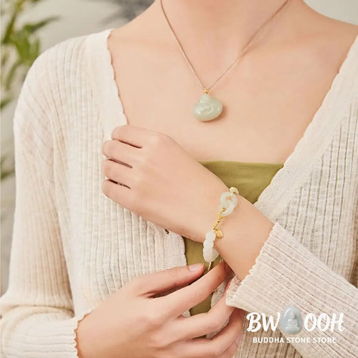 Buddha Stones Natural Hetian Jade Bead Double Peace Buckle Fu Character Abundance Braided Bracelet - BWOOOH - Bracelet