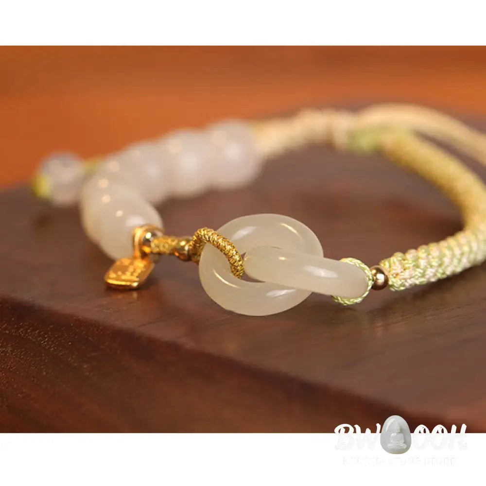 Buddha Stones Natural Hetian Jade Bead Double Peace Buckle Fu Character Abundance Braided Bracelet - BWOOOH - Bracelet
