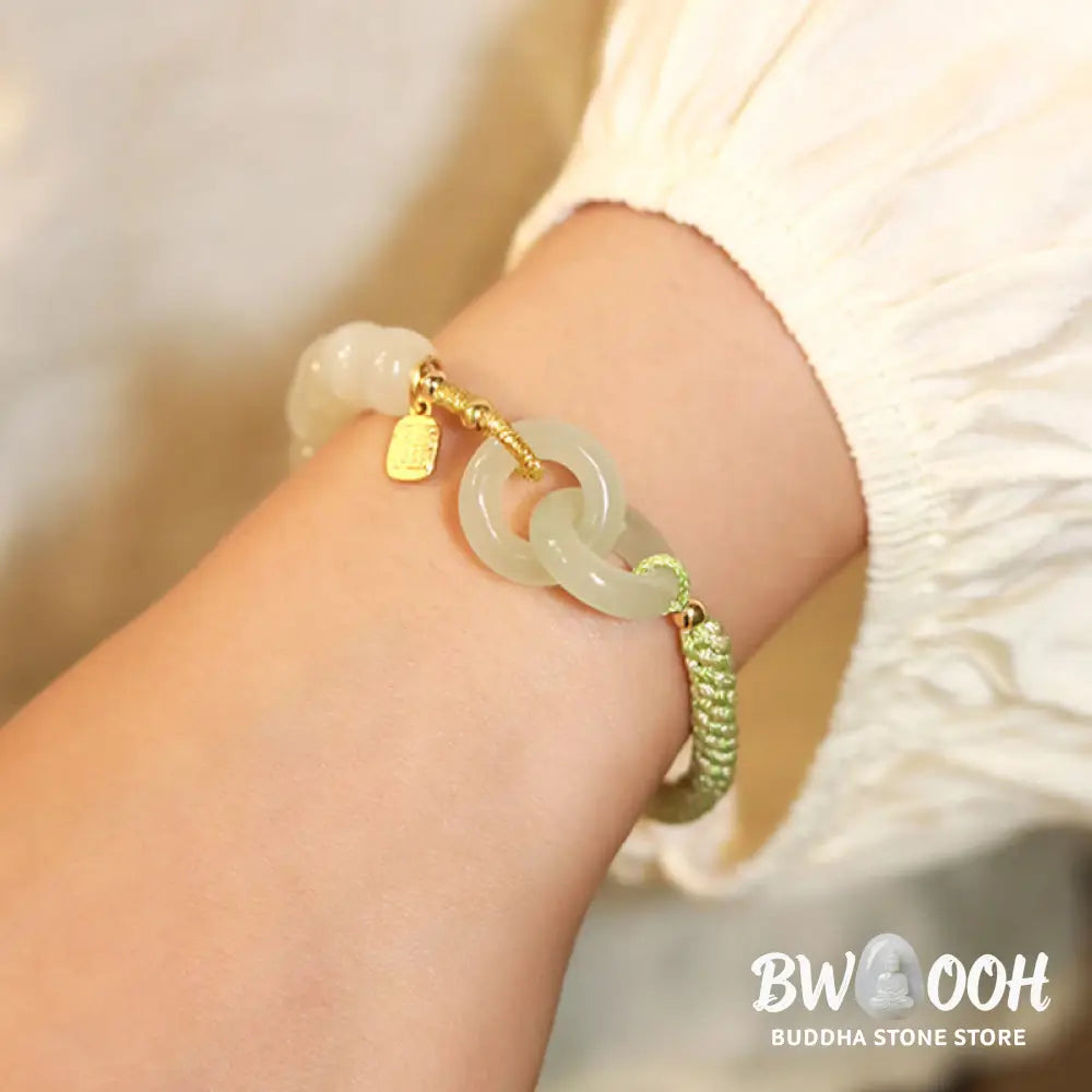 Buddha Stones Natural Hetian Jade Bead Double Peace Buckle Fu Character Abundance Braided Bracelet - BWOOOH - Bracelet