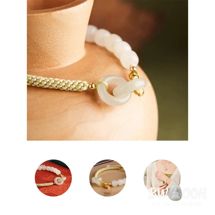 Buddha Stones Natural Hetian Jade Bead Double Peace Buckle Fu Character Abundance Braided Bracelet - BWOOOH - Bracelet